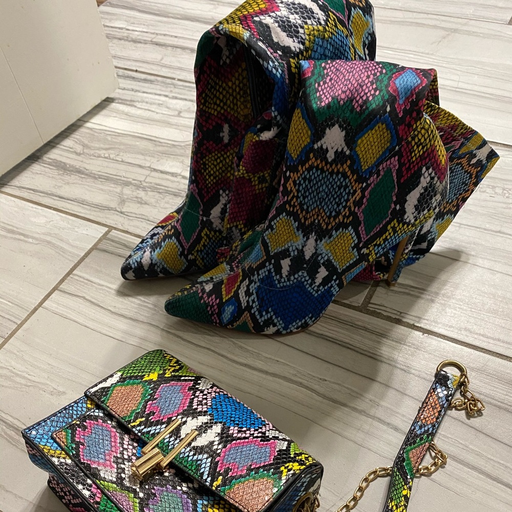 Multicolored Knee High Boots with Matching Purse